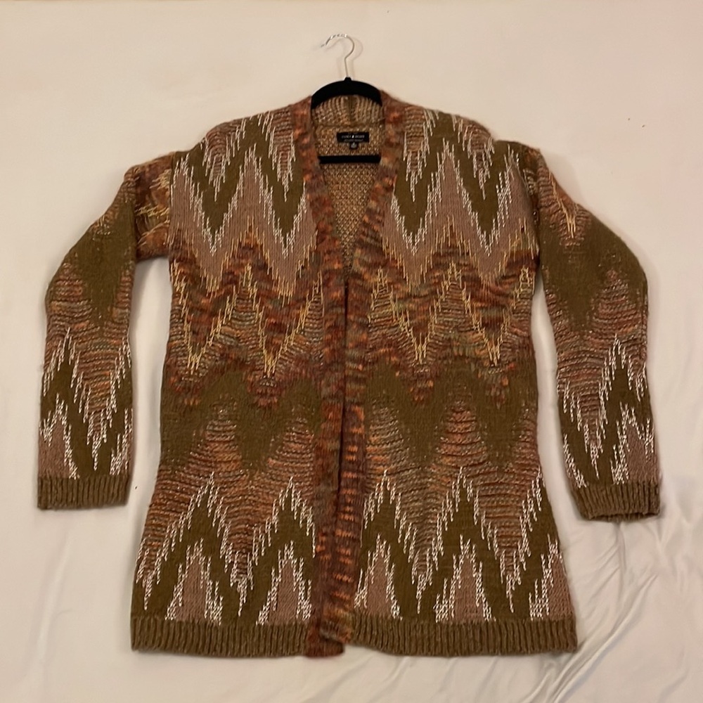 WM Brown Green Chevron knit Soft Wool blend Long Open front cardigan sweater